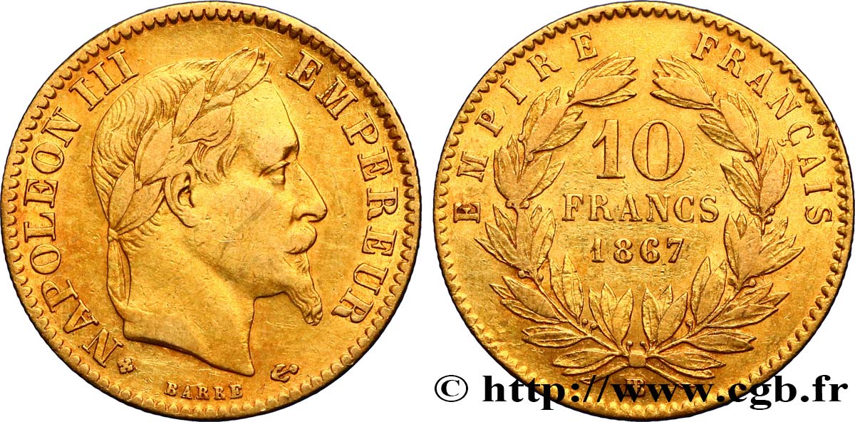 10 francs or Napoléon III, tête laurée 1867 Strasbourg F.507A/16 MBC40 