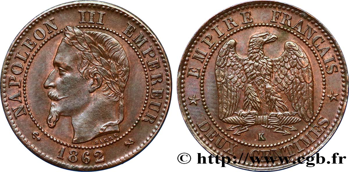 Deux centimes Napoléon III, tête laurée 1862 Bordeaux F.108A/7 SPL55 