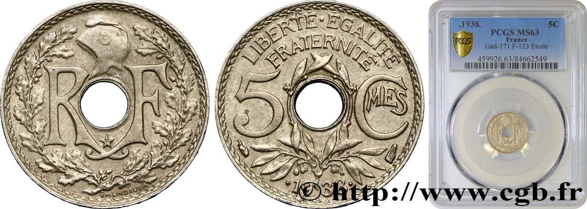 5 centimes Lindauer, maillechort, avec étoile 1938  F.123/1 MS63 PCGS