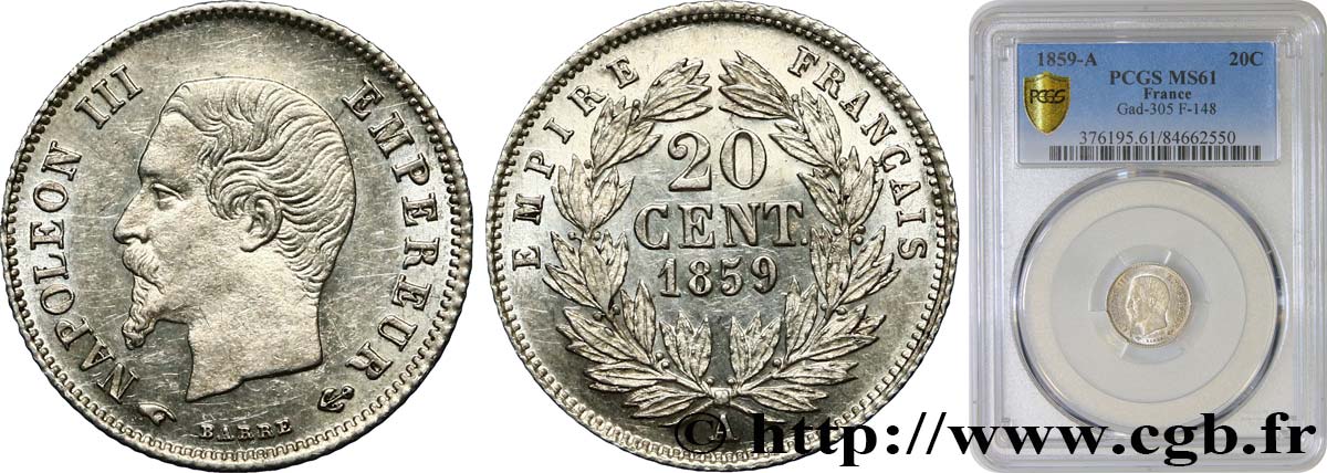 20 centimes Napoléon III, tête nue 1859 Paris F.148/12 SPL61 PCGS
