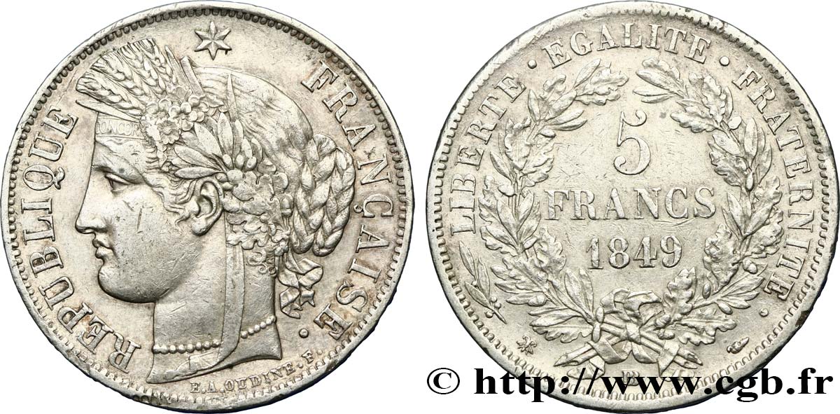 5 francs Cérès, IIe République 1849 Strasbourg F.327/3 TTB45 