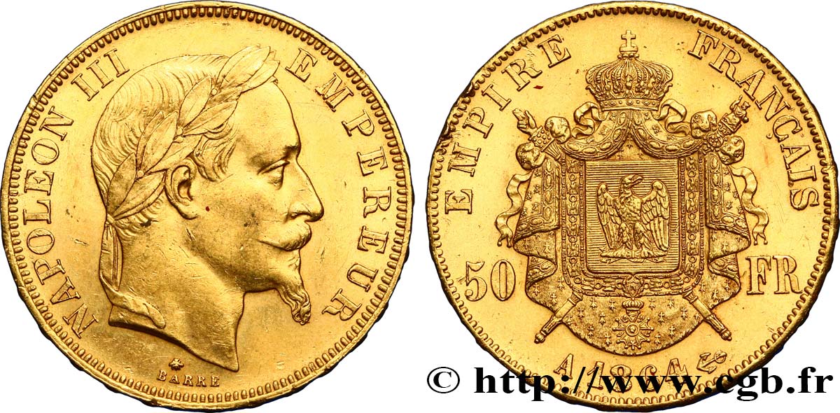 50 francs or Napoléon III, tête laurée 1864 Paris F.548/4 AU54 