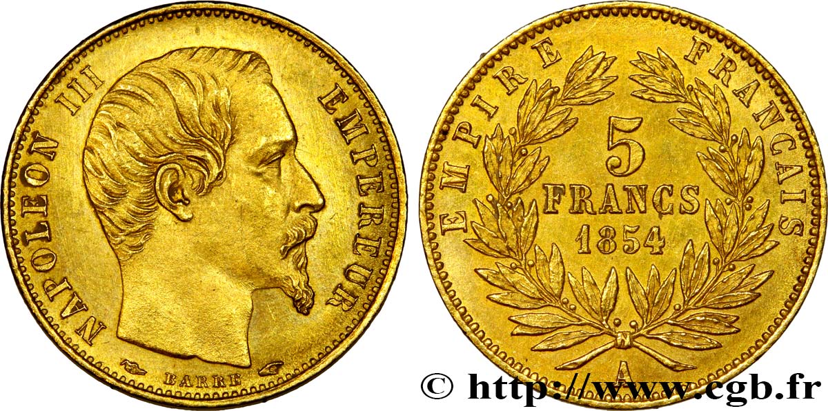 5 francs or Napoléon III, tête nue, petit module, tranche lisse 1854 Paris F.500/1 MS63 