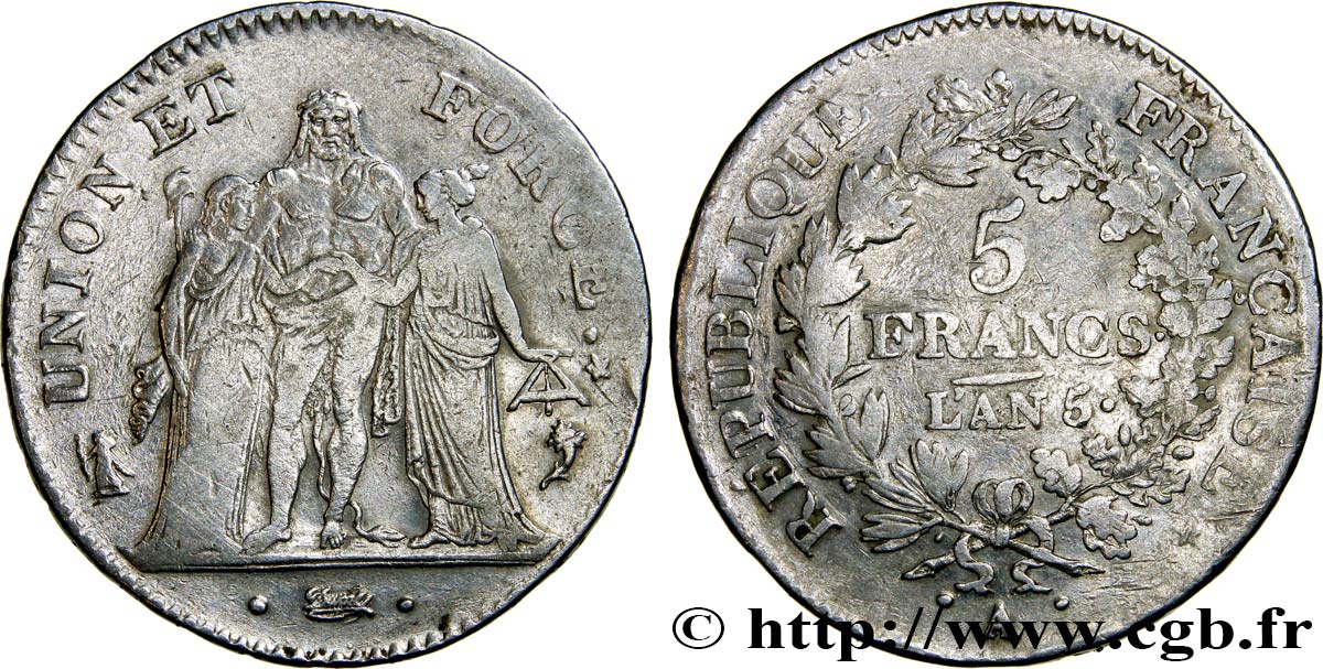 5 francs Union et Force, Union desserré, seulement gland extérieur 1797 Paris F.291/6 TB30 