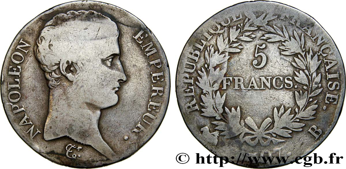 5 francs Napoléon Empereur, Calendrier grégorien 1807 Rouen F.304/12 B12 