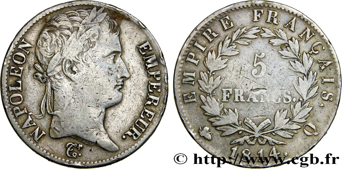 5 francs Napoléon Empereur, Empire français 1814 Perpignan F.307/84 TB35 