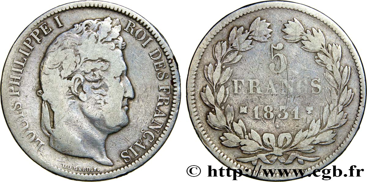 5 francs Ier type Domard, tranche en creux 1831 Marseille F.319/6 F15 