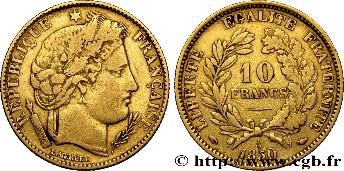 10 francs or Cérès, IIe République 1850 Paris F.504/2 TB25 