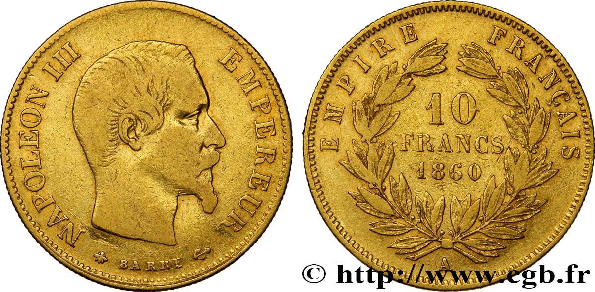 10 francs or Napoléon III, tête nue 1860 Paris F.506/10 VF25 