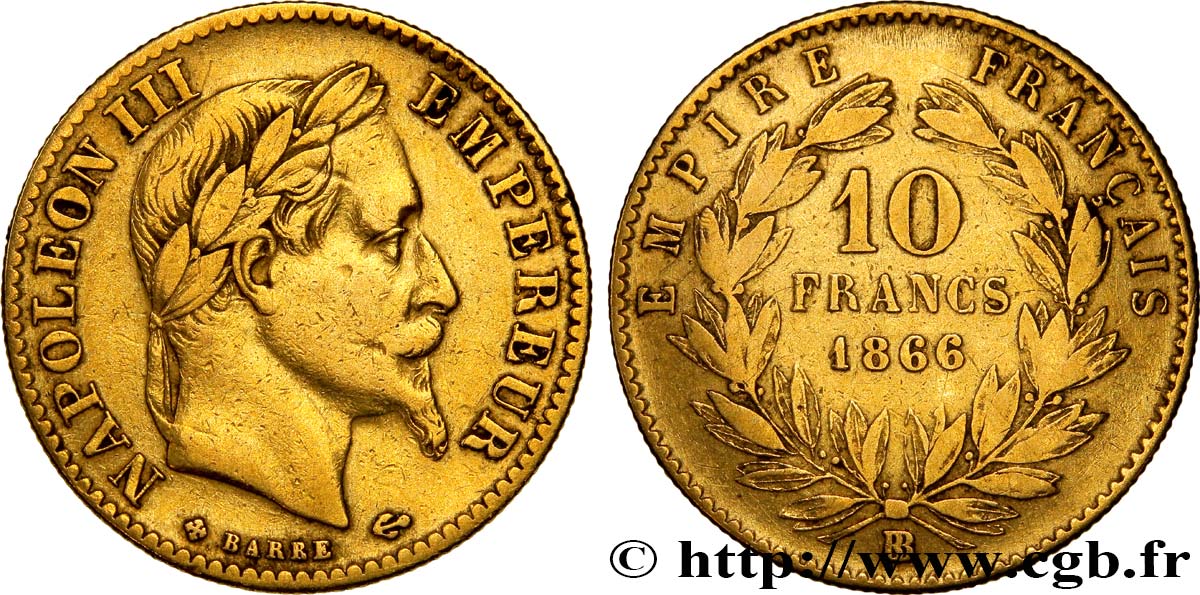 10 francs or Napoléon III, tête laurée, type définitif à grand 10 1866 Strasbourg F.507A/14 TB30 