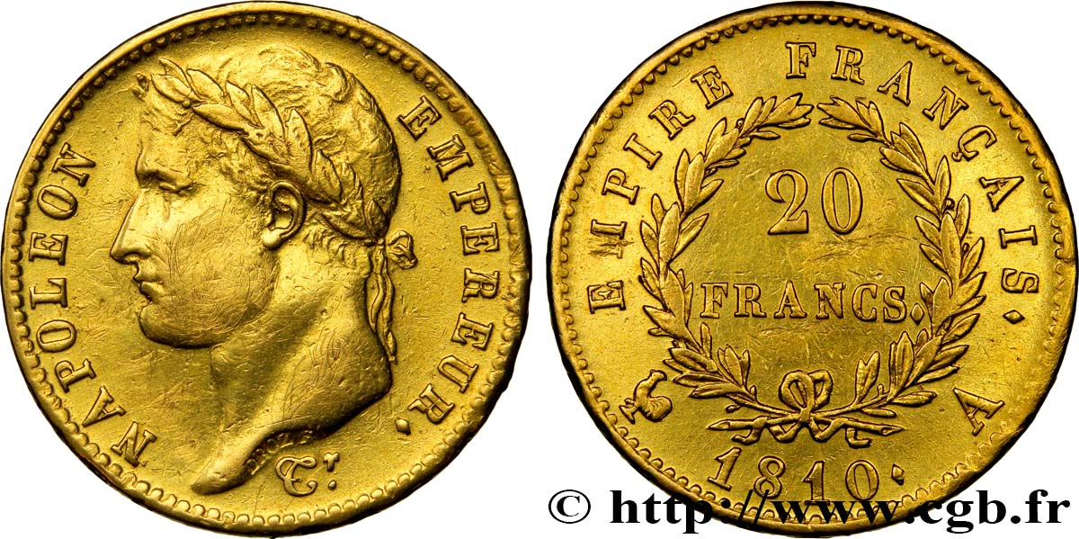20 francs or Napoléon tête laurée, Empire français 1810 Paris F.516/8 XF 