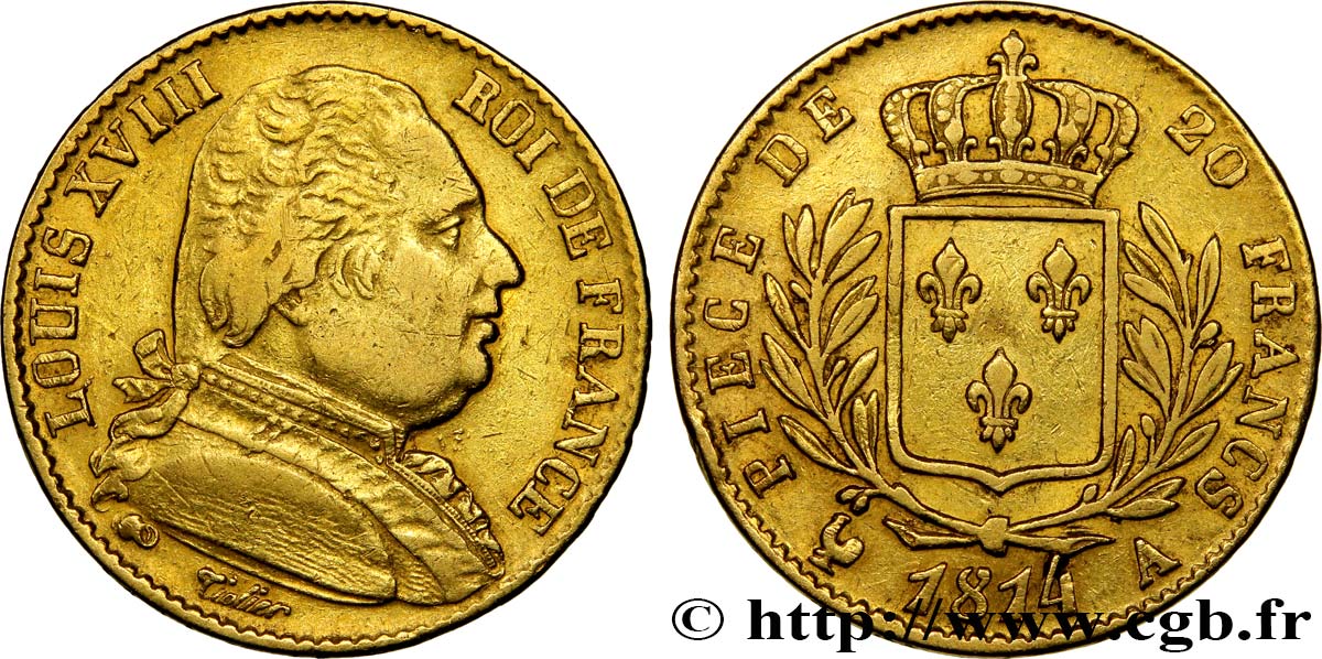20 francs or Louis XVIII, buste habillé 1814 Paris F.517/1 XF40 