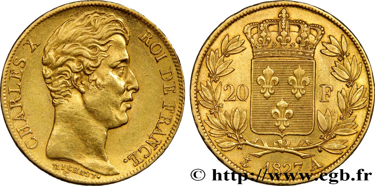 20 francs or Charles X 1827 Paris F.520/6 AU52 