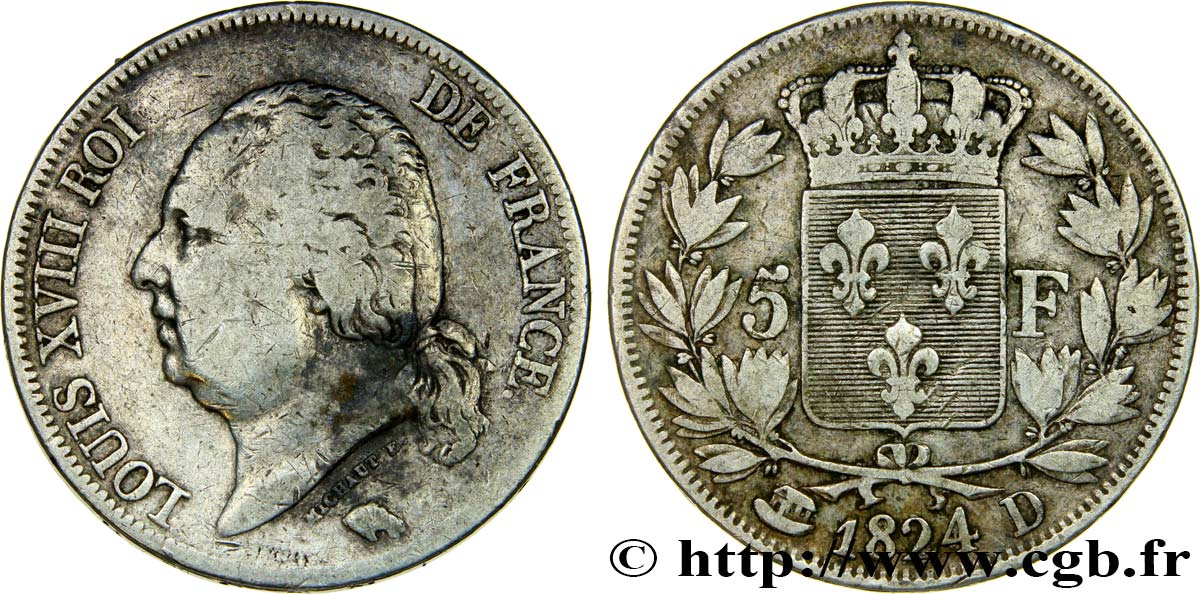 5 francs Louis XVIII, tête nue 1824 Lyon F.309/90 MB20 