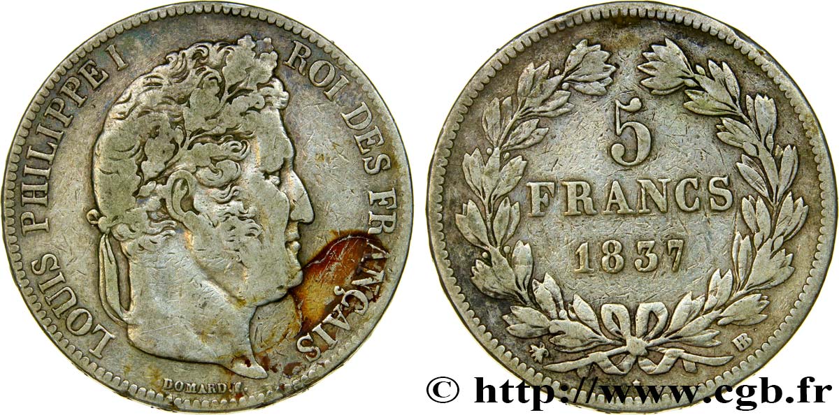 5 francs IIe type Domard 1837 Strasbourg F.324/63 MB30 