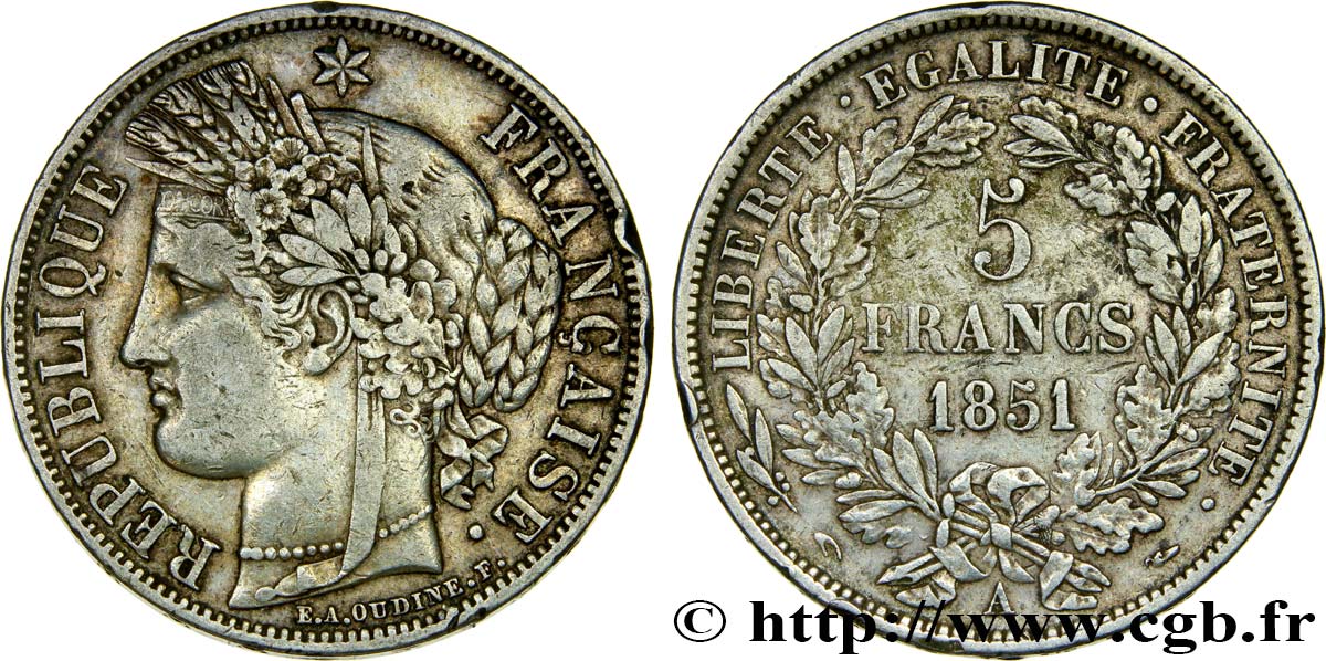 5 francs Cérès, IIe République 1851 Paris F.327/7 BB40 