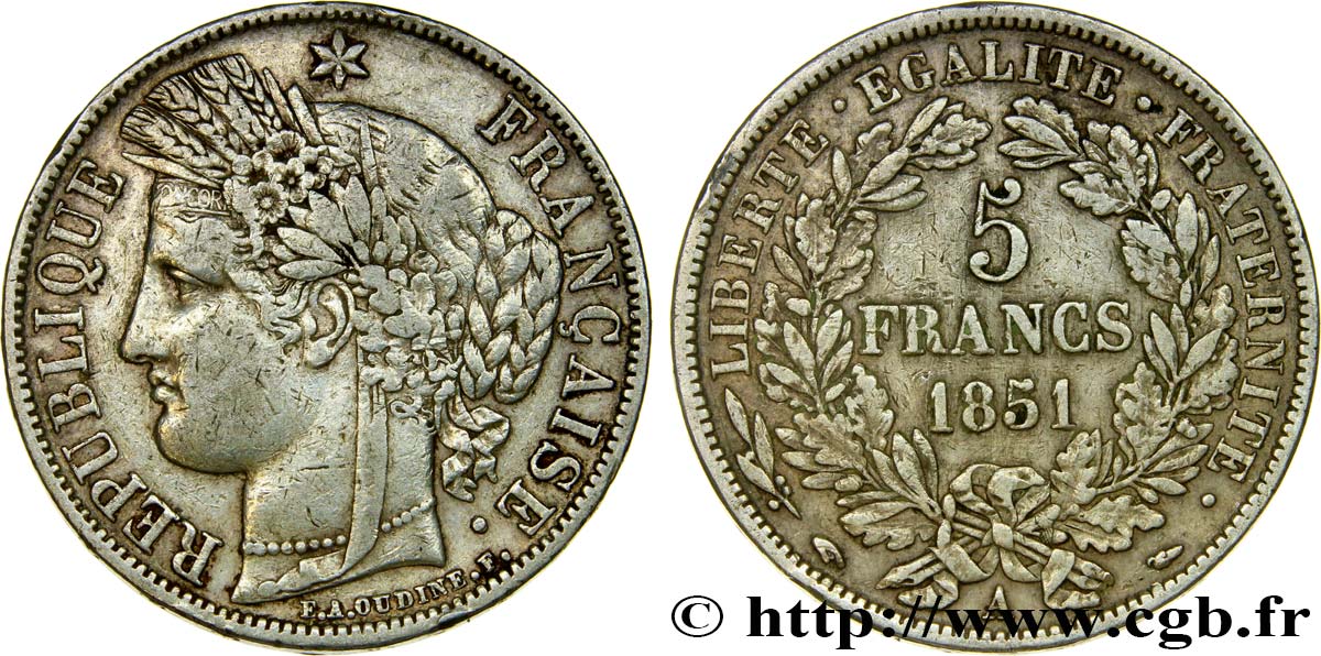 5 francs Cérès, IIe République 1851 Paris F.327/7 VF35 