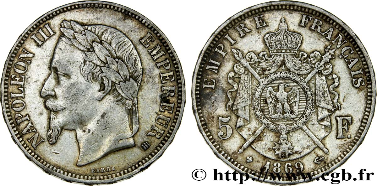 5 francs Napoléon III, tête laurée 1869 Strasbourg F.331/15 BB45 