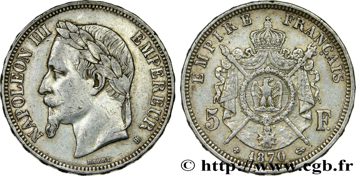 5 francs Napoléon III, tête laurée 1870 Strasbourg F.331/17 TTB45
