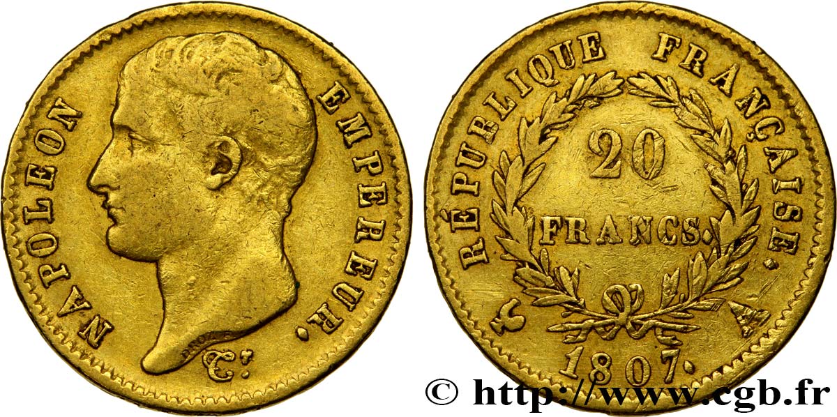 20 francs or Napoléon tête nue, type transitoire 1807 Paris F.514/1 TTB40 