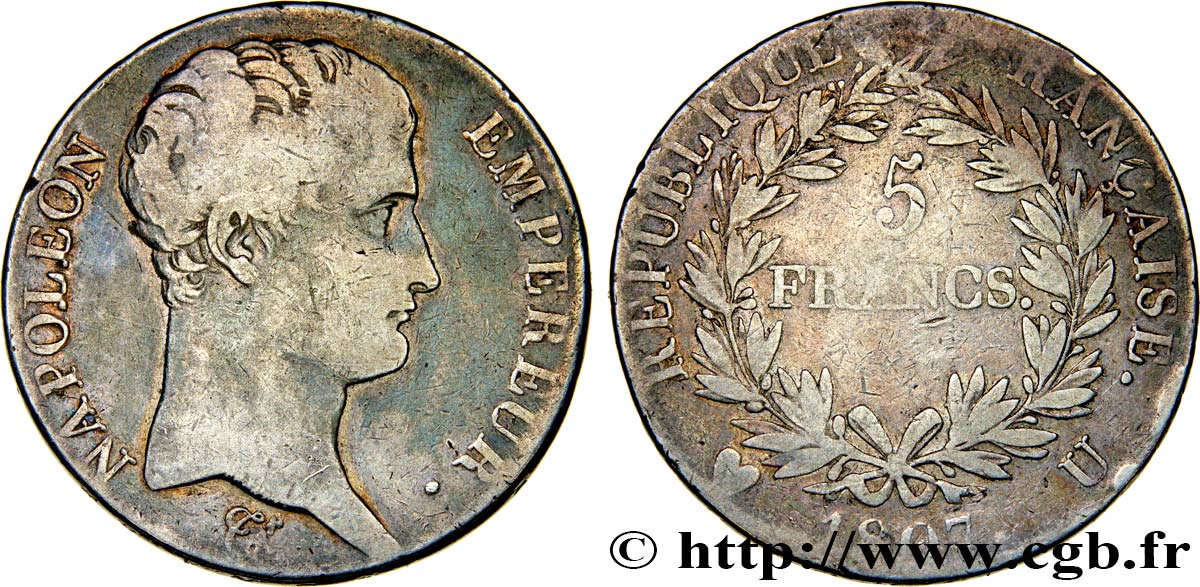 5 francs Napoléon Empereur, Calendrier grégorien 1807 Turin F.304/22 TB15 