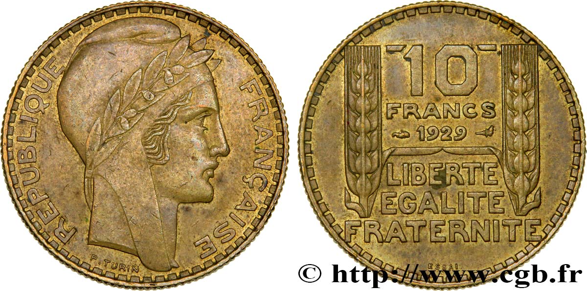 Concours de 10 francs, essai de Turin en bronze-aluminium 1929  GEM.169 3 AU50 