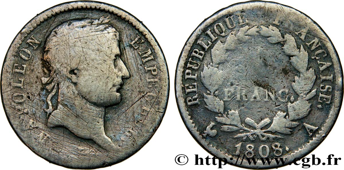 1 franc Napoléon Ier tête laurée, République française 1808 Paris F.204/2 VG10 