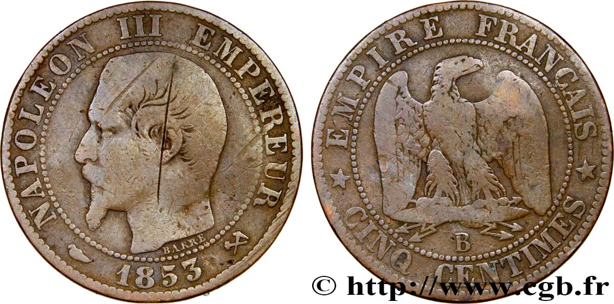 Cinq centimes Napoléon III, tête nue 1853 Rouen F.116/2 MB15 