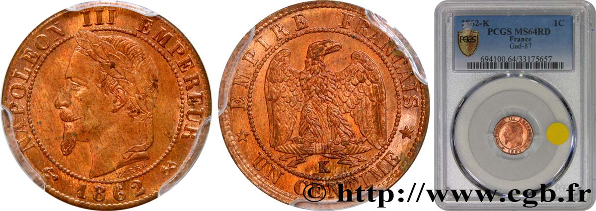 Un centime Napoléon III, tête laurée 1862 Bordeaux F.103/7 MS64 PCGS
