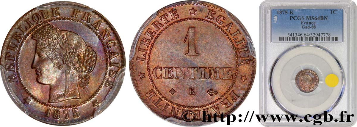1 centime Cérès 1875 Bordeaux F.104/5 MS64 PCGS