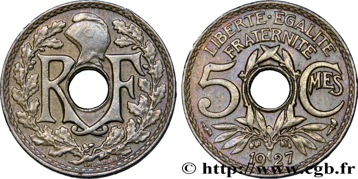 5 centimes Lindauer, petit module 1927  F.122/12 AU50 
