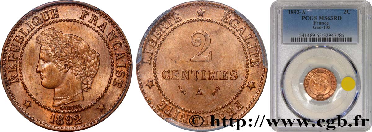 2 centimes Cérès 1892 Paris F.109/18 SPL63 PCGS