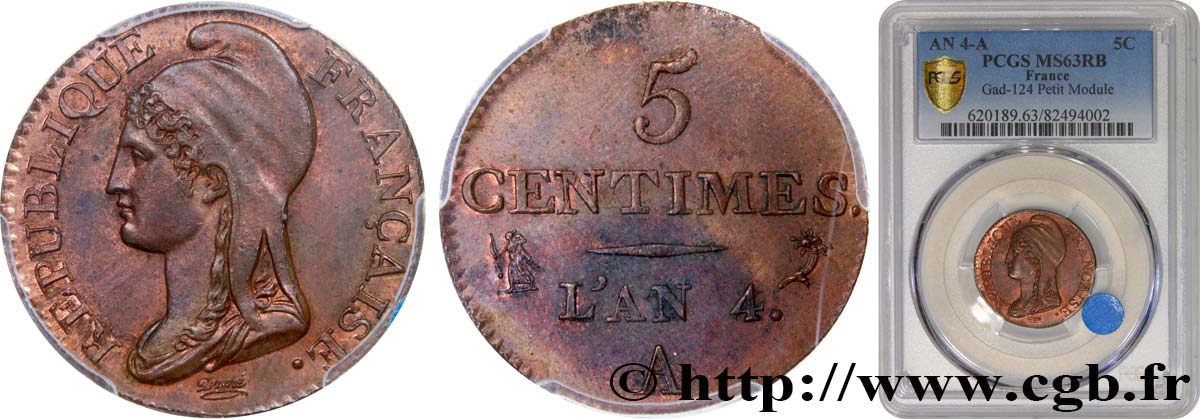 5 centimes Dupré, petit module 1796 Paris F.113/1 fST63 PCGS