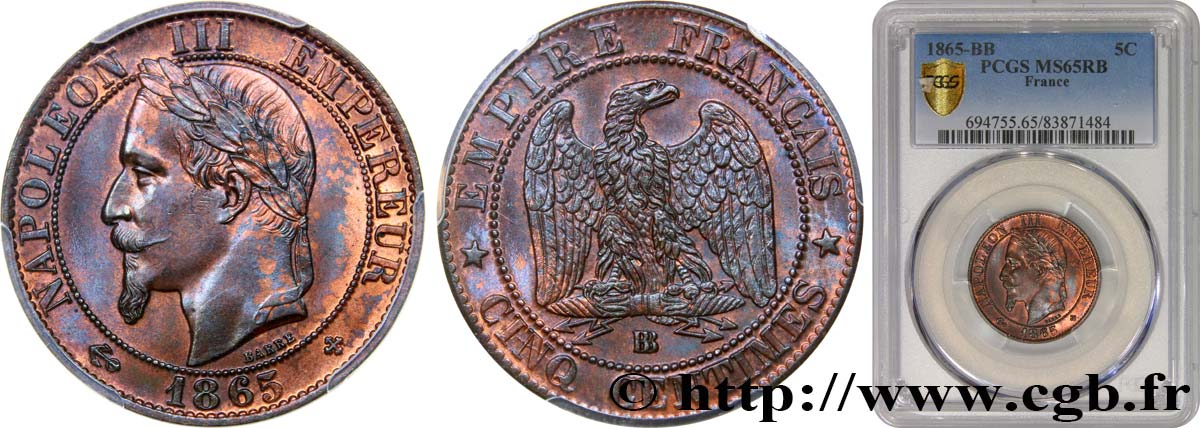 Cinq centimes Napoléon III, tête laurée 1865 Strasbourg F.117/17 ST65 PCGS