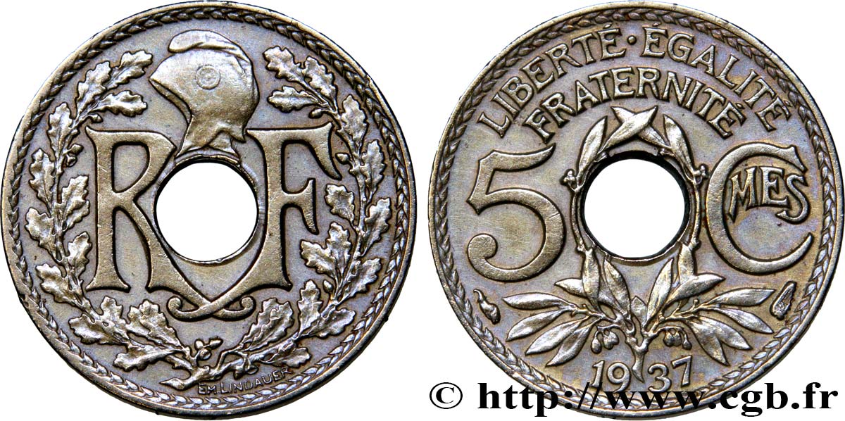 5 centimes Lindauer, petit module 1937 Paris F.122/20 AU58 