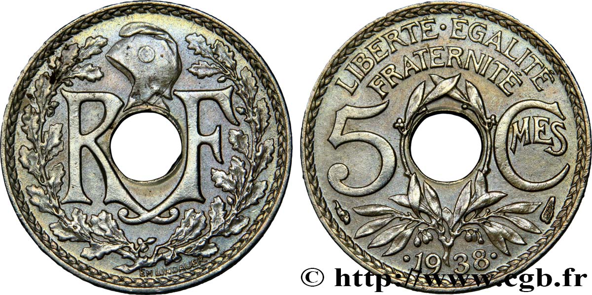 5 centimes Lindauer, maillechort 1938 Paris F.123A/2 MS60 