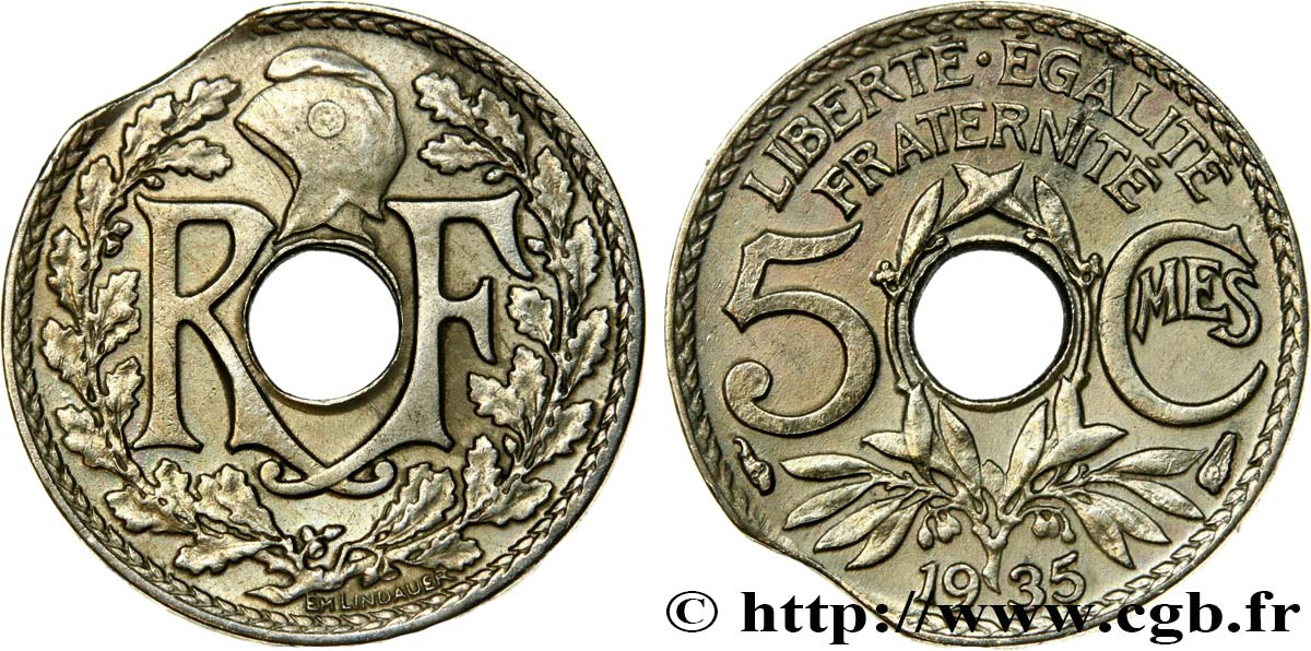 5 centimes Lindauer, petit module, flan clipé 1935 Paris F.122/18 AU58 