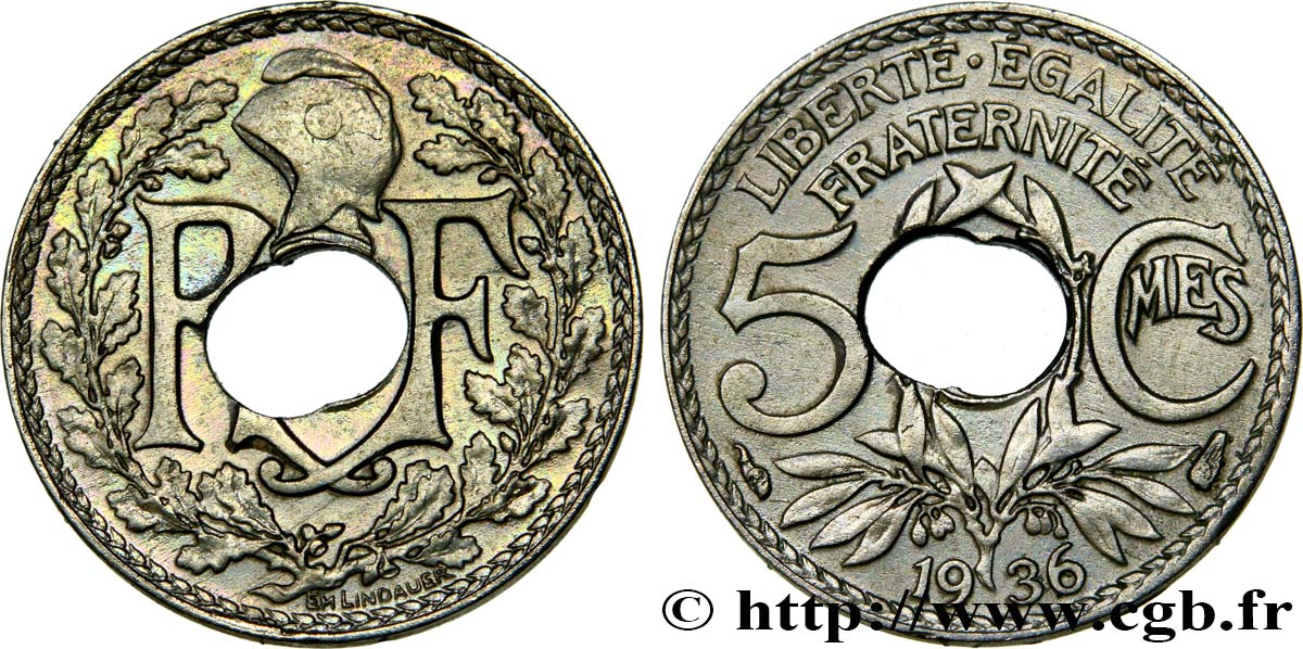 5 centimes Lindauer, petit module, fautée double trou 1936 Paris F.122/19 var. TTB50 