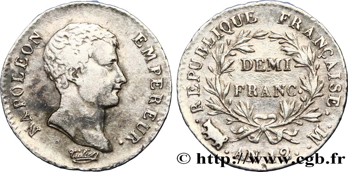 Demi-franc Napoléon Empereur, Calendrier révolutionnaire 1804 Toulouse F.174/8 TB30 