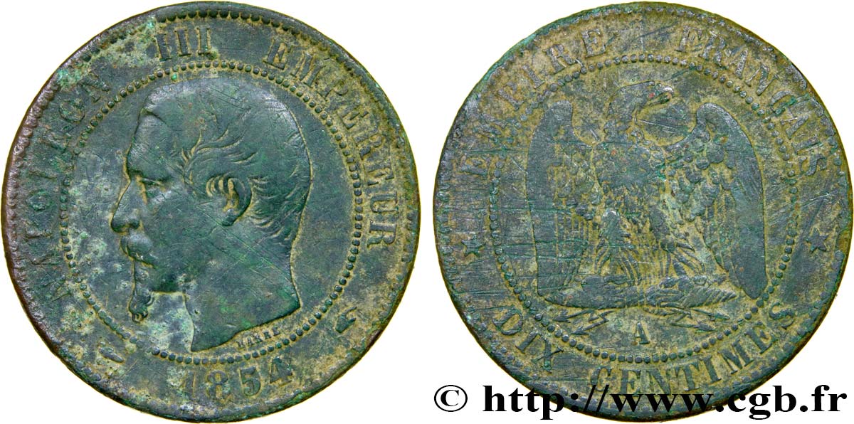 Dix centimes Napoléon III, tête nue 1854 Paris F.133/11 TB35
