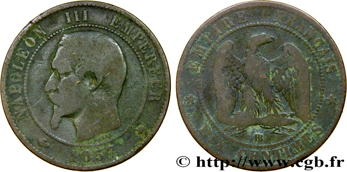 Dix centimes Napoléon III, tête nue 1857 Strasbourg F.133/43 VF20 