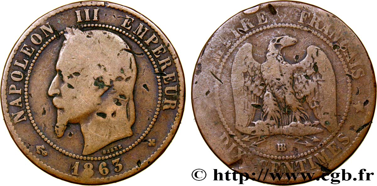 Dix centimes Napoléon III, tête laurée 1863 Strasbourg F.134/11 VG10 