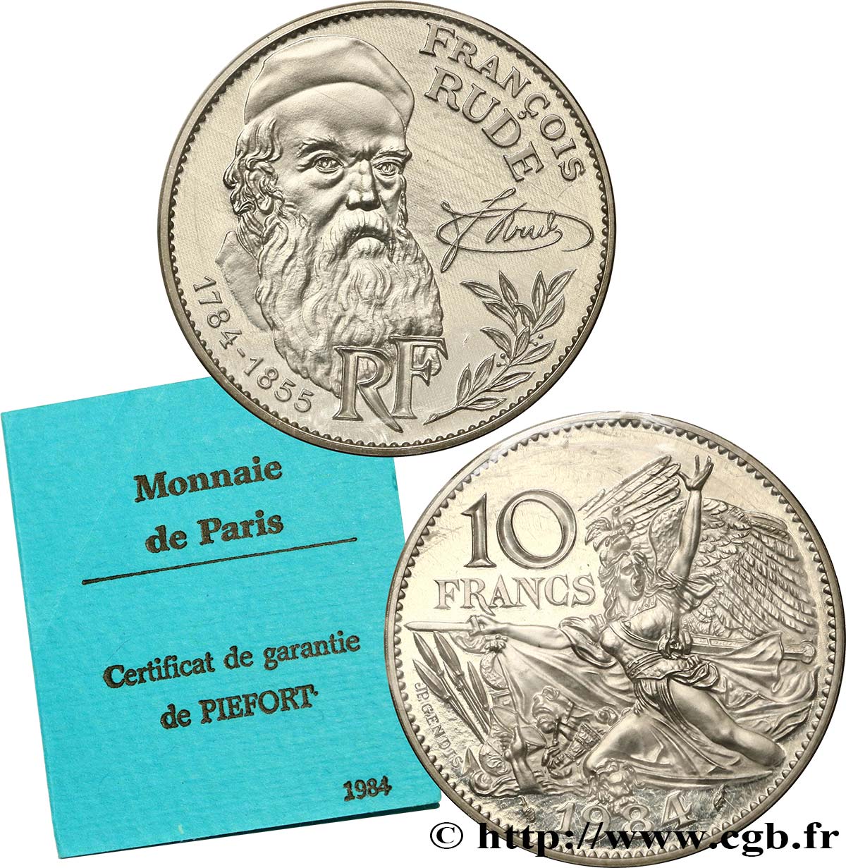 Piéfort argent de 10 francs François Rude 1984 Pessac F.369/2P FDC 