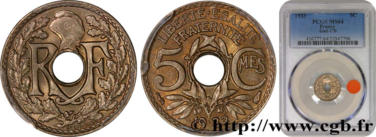 5 centimes Lindauer, petit module 1933 Paris F.122/16 MS64 PCGS
