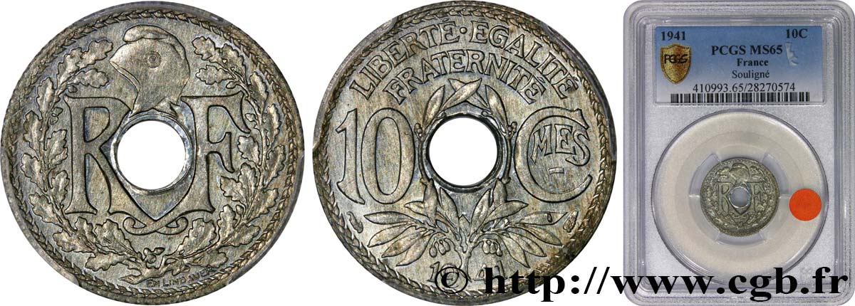 10 centimes Lindauer en zinc, Cmes souligné et millésime sans points 1941  F.140/1 MS65 PCGS