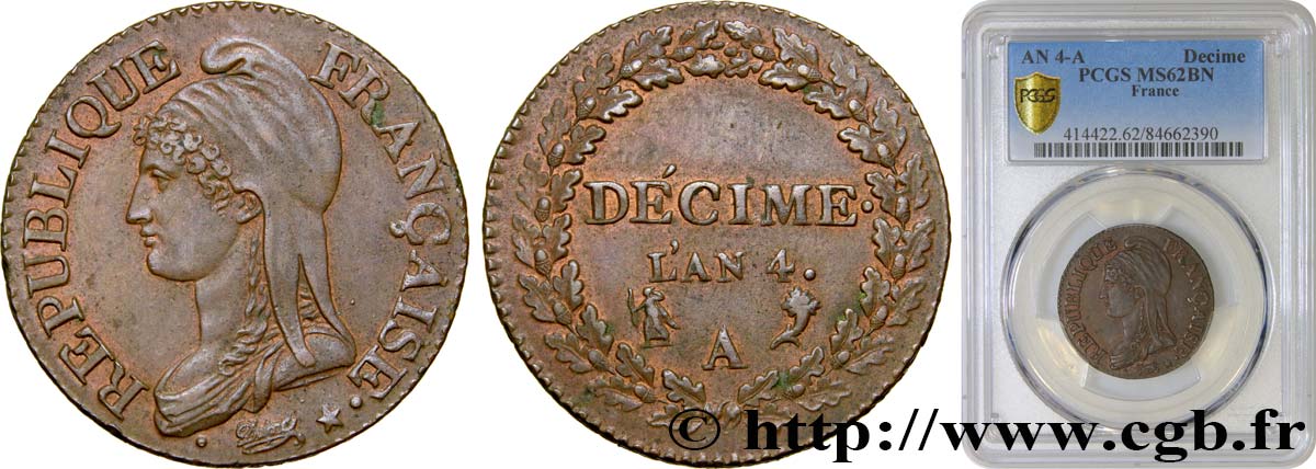 Décime Dupré, petit module 1796 Paris F.126/1 EBC62 PCGS