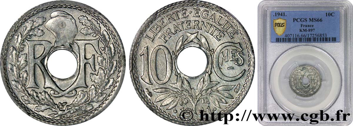 10 centimes Lindauer en zinc, Cmes souligné et millésime avec points 1941  F.140/2 FDC66 PCGS