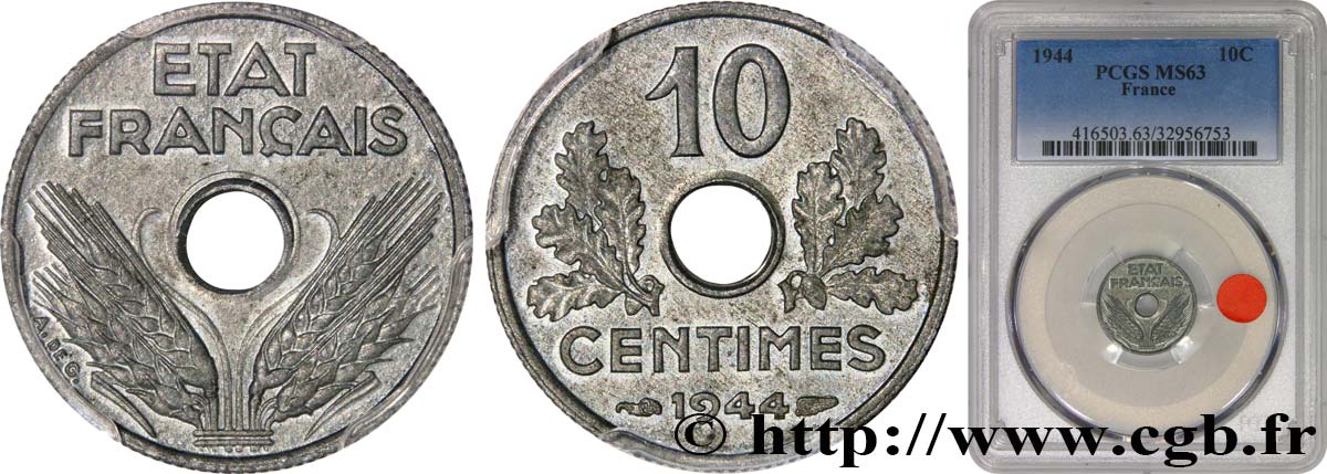 10 centimes État français, petit module 1944  F.142/3 SPL63 PCGS