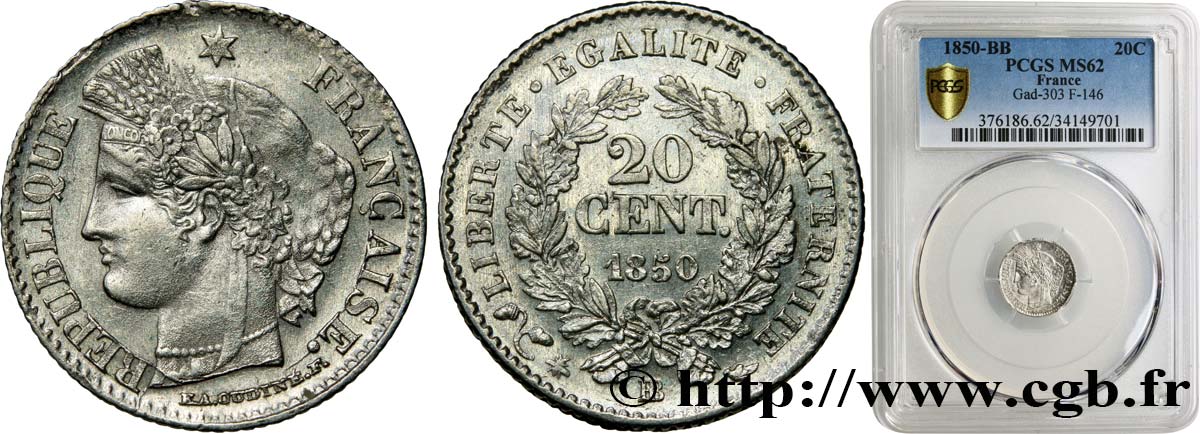 20 centimes Cérès, IIe République 1850 Strasbourg F.146/4 MS62 PCGS