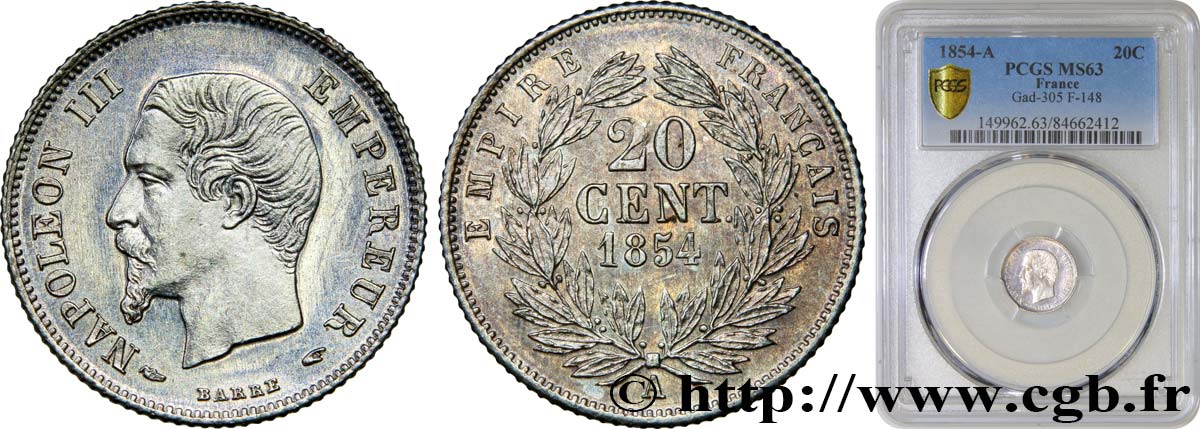 20 centimes Napoléon III, tête nue 1854 Paris F.148/2 fST63 PCGS